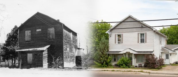 Two images of the same building are seen side by side. On the left the building is an old wooden hall while the one on the right is a home with siding and side entrance.