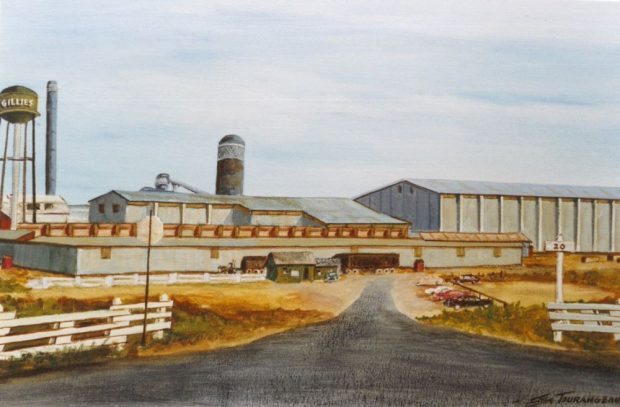 A painting of the Gillies water shows cars parked in front of the mill and the water tower.