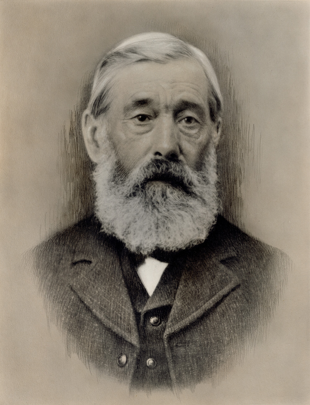 A portrait photograph of an older man, detailed with charcoal accents.