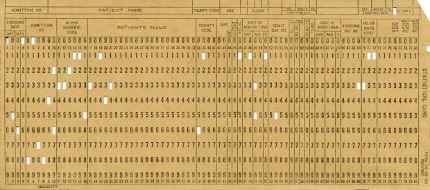 A scan of a punched card labelled 'Statistical Card.' A number of holes have been punched.