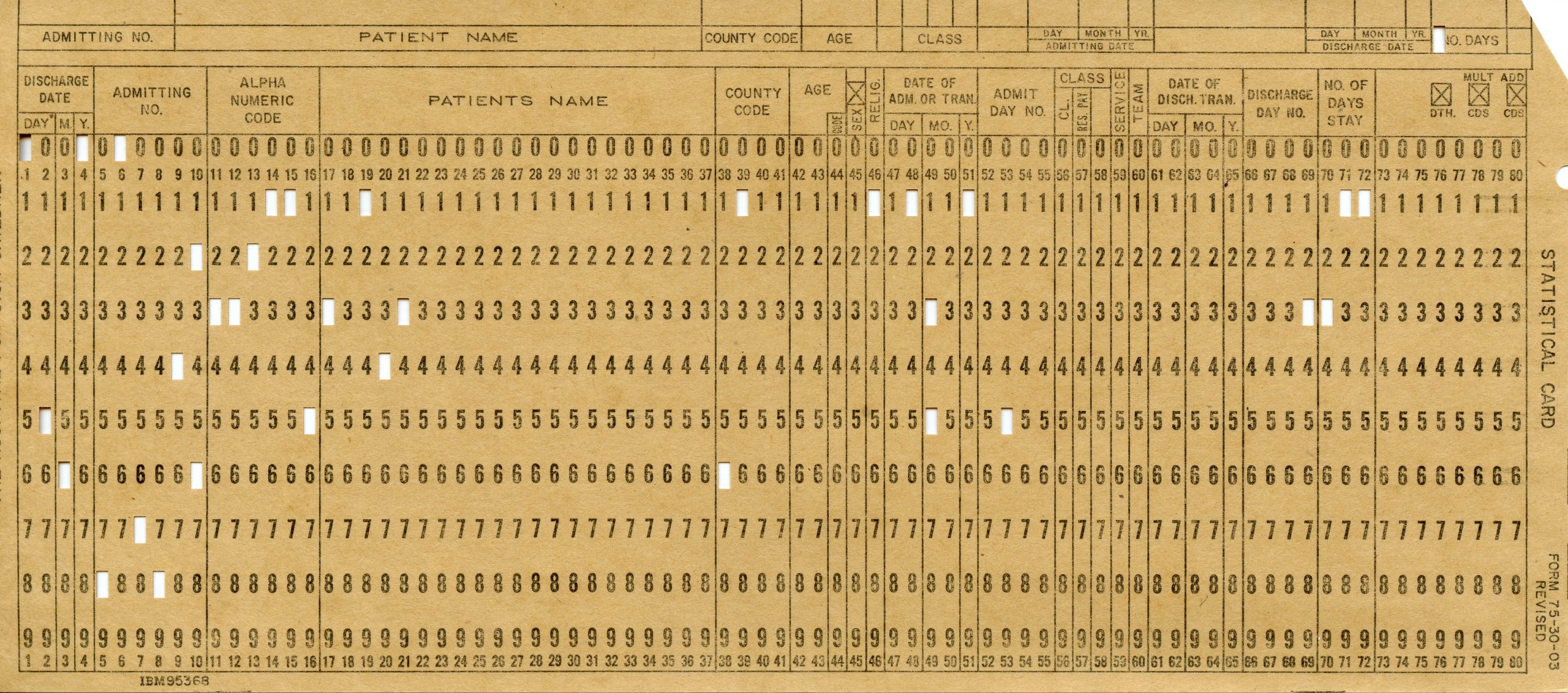 A scan of a punched card labelled 'Statistical Card.' A number of holes have been punched.