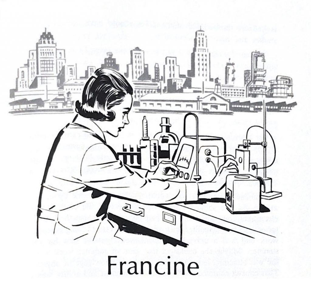 A stylized drawing of a young woman in a lab-coat working scientific equipment. A label beneath her reads 