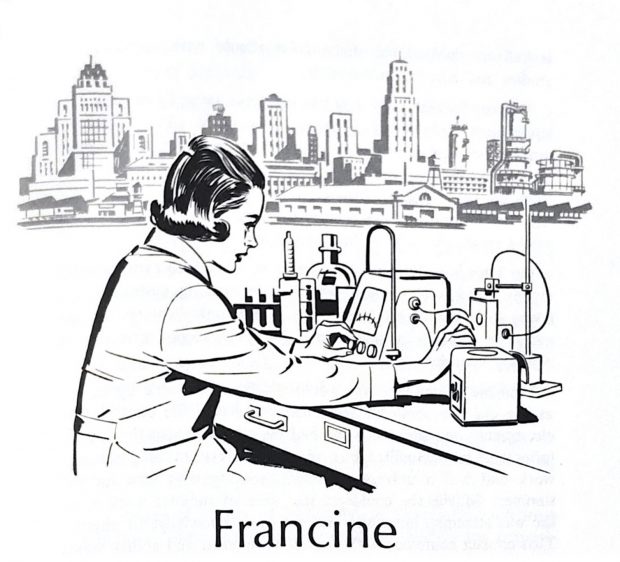 A stylized drawing of a young woman in a lab-coat working scientific equipment. A label beneath her reads Francine.