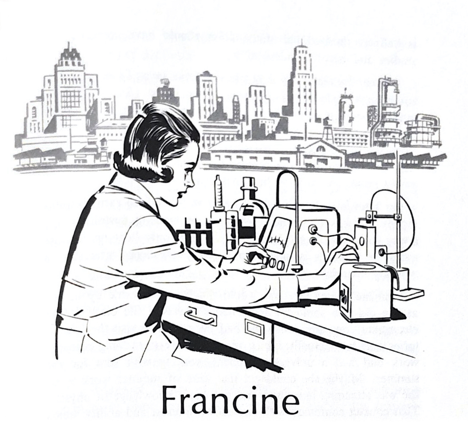 A stylized drawing of a young woman in a lab-coat working scientific equipment. A label beneath her reads "Francine."
