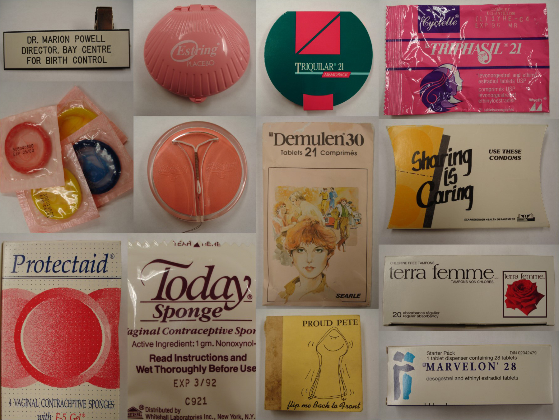 A coloured collage of historic birth control samples.
