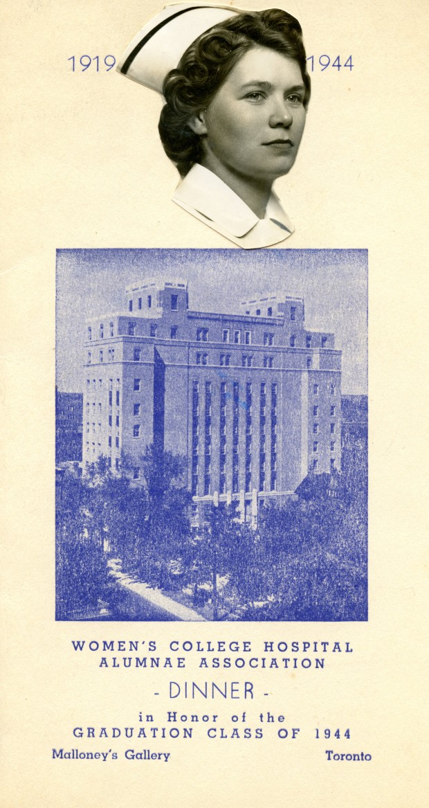 A dinner invitation, featuring a nurse's portrait and a photograph of the hospital.
