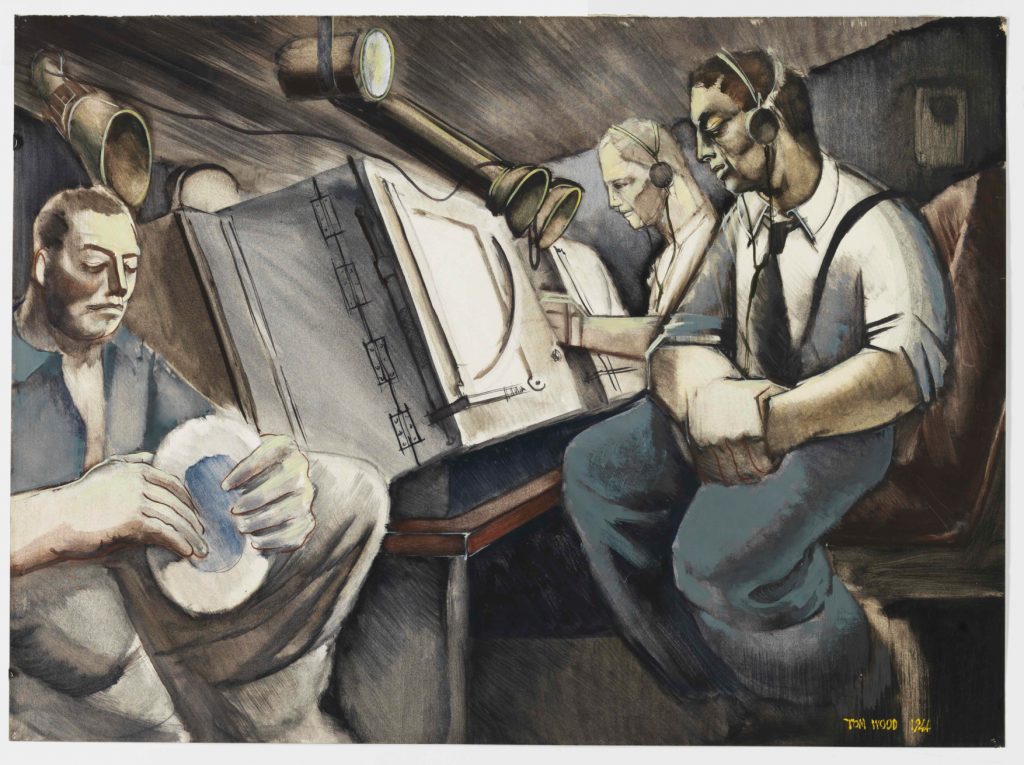 painting of three sailors in ASDIC (sonar) room of Royal Canadian Navy corvette