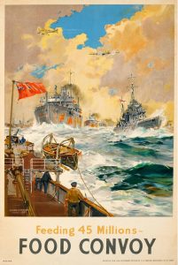 poster showing a convoy of merchant ships accompanied by a Naval escort