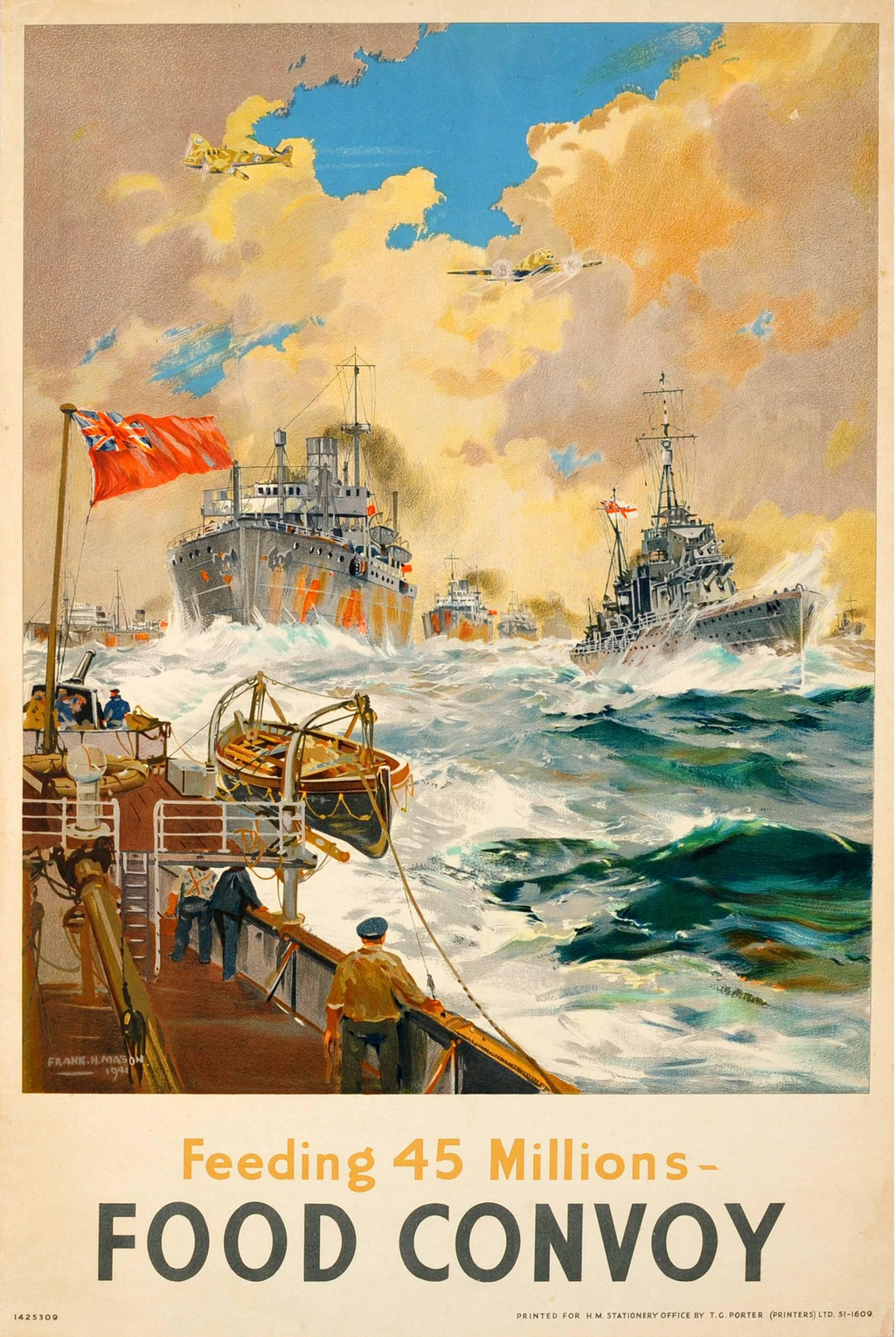 poster showing a convoy of merchant ships accompanied by a Naval escort