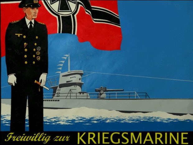 German Navy recruiting poster showing Navy officer, flag and U-boat