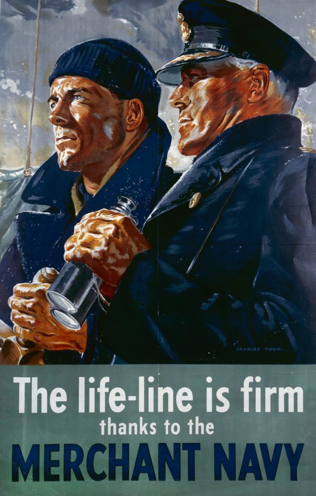 British Merchant Navy recruiting poster showing ship’s officer and coxswain