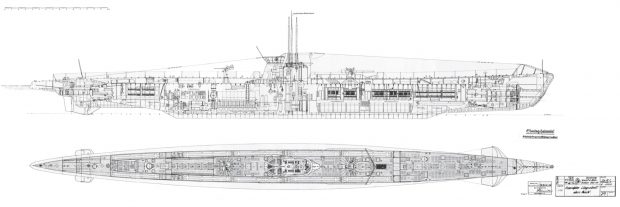 Sideview and topview plans of a German submarine