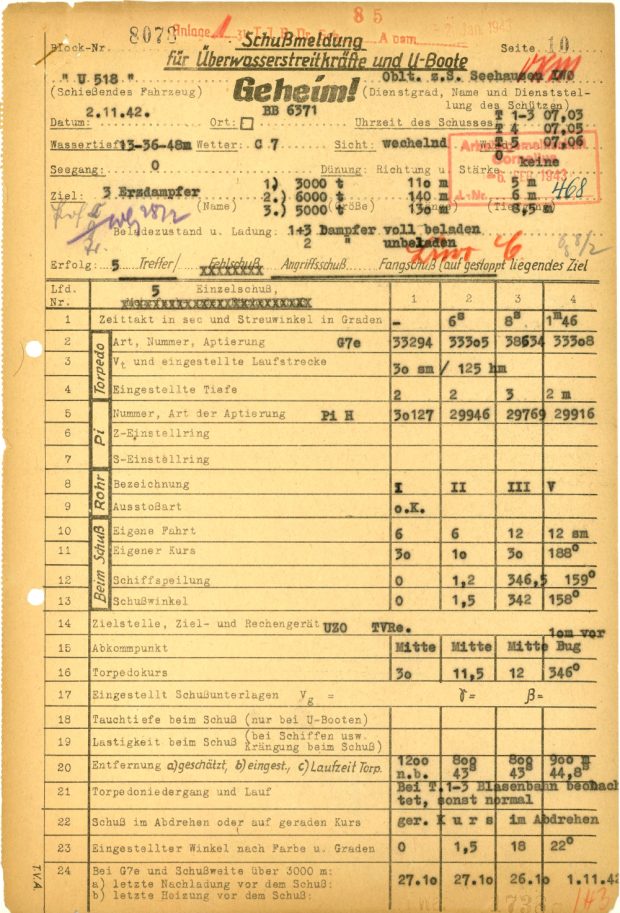 image of U-boat torpedo firing report (in German)