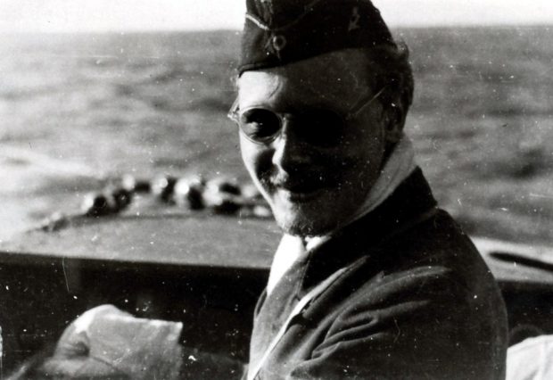 informal portrait of smiling U-boat commander in uniform and sunglasses