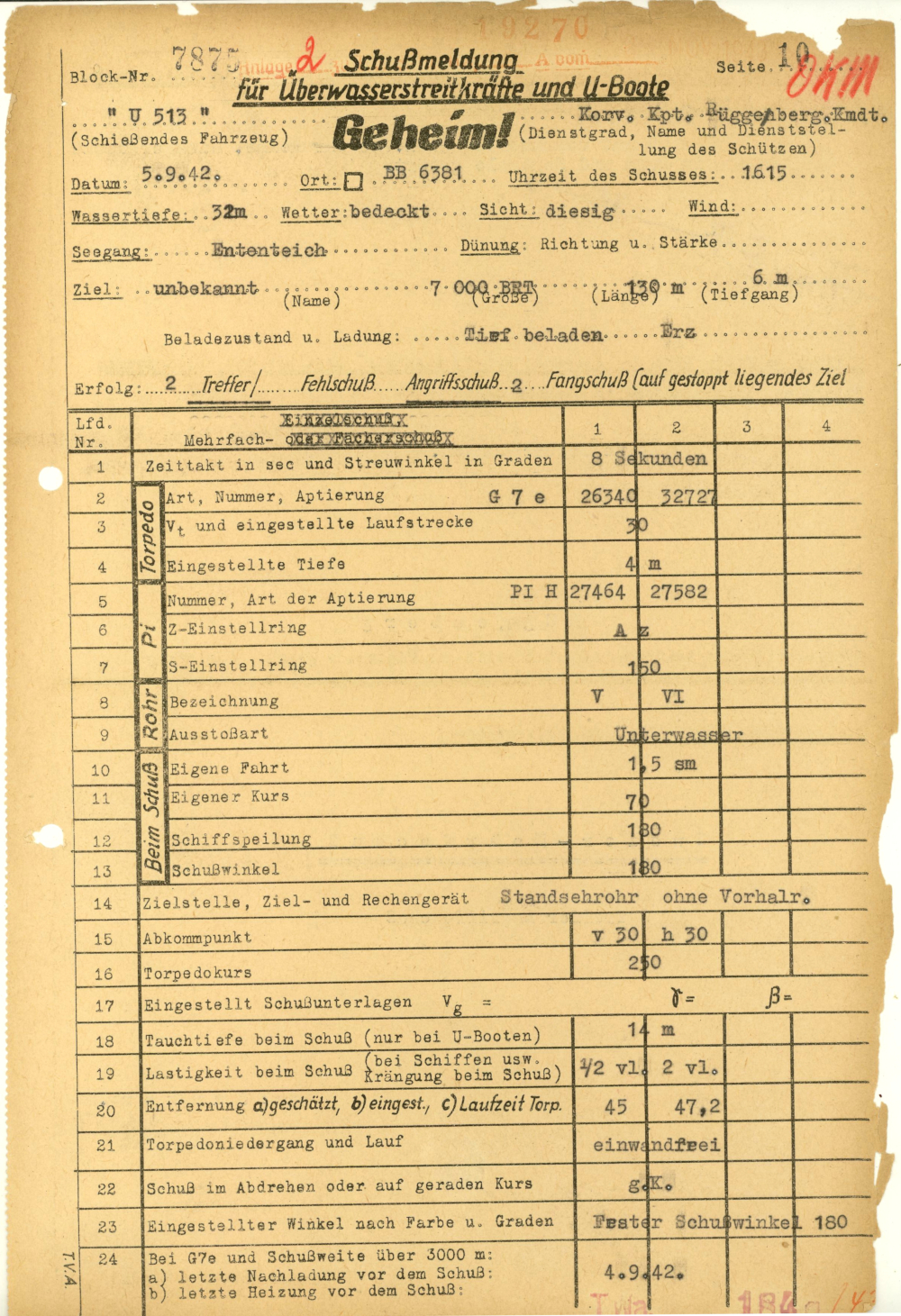 image of U-boat torpedo firing report (in German)