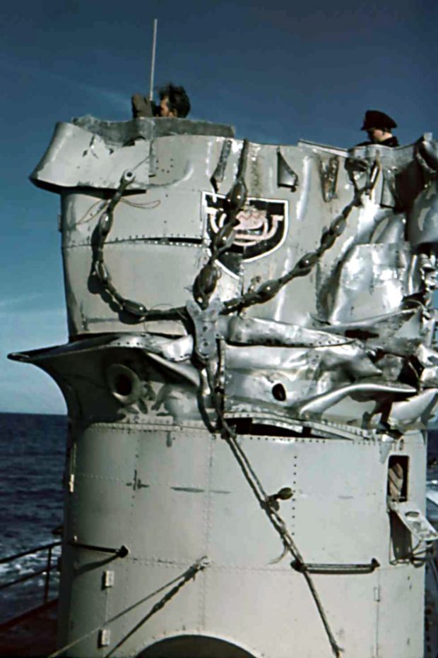 photo of German submarine with damaged conning tower