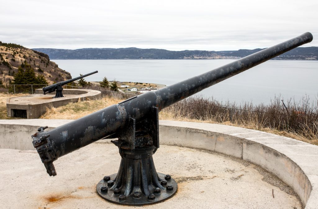 Two coastal defence guns on concrete platforms on Bell Island