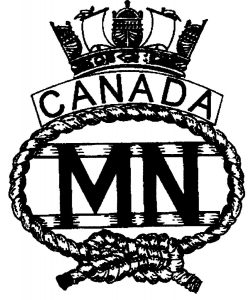 L’insigne de la marine marchande canadienne comporte les lettres « MN » entourées d’une corde nouée au-dessus de laquelle se trouve le mot « Canada » avec une couronne au-dessus