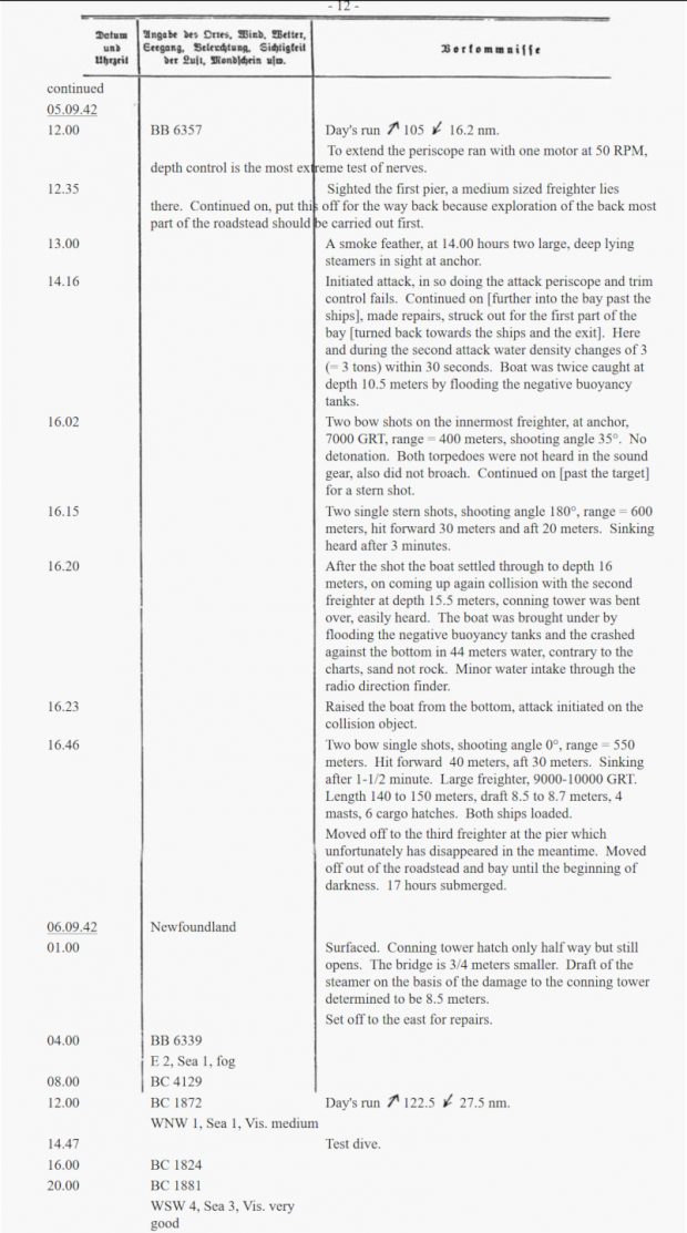 image of U-boat logbook (English translation) for September 5, 1942 attacks