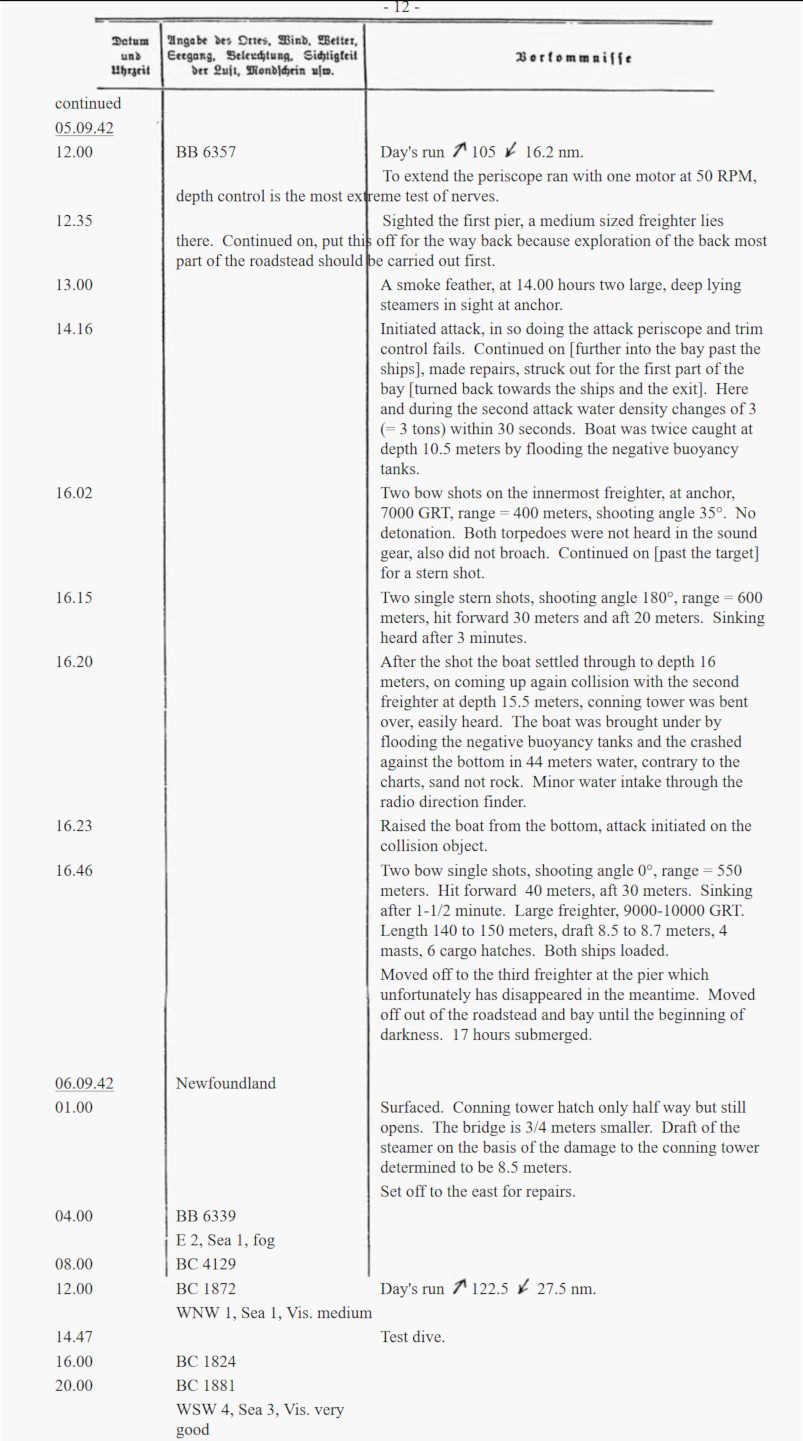 image of U-boat logbook (English translation) for September 5, 1942 attacks
