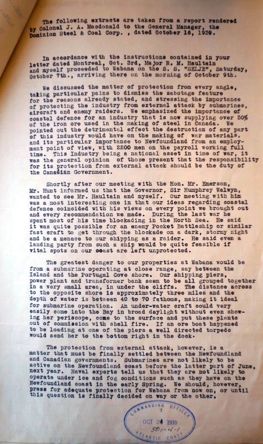 1939 typewritten report on need for coastal defence of Bell Island