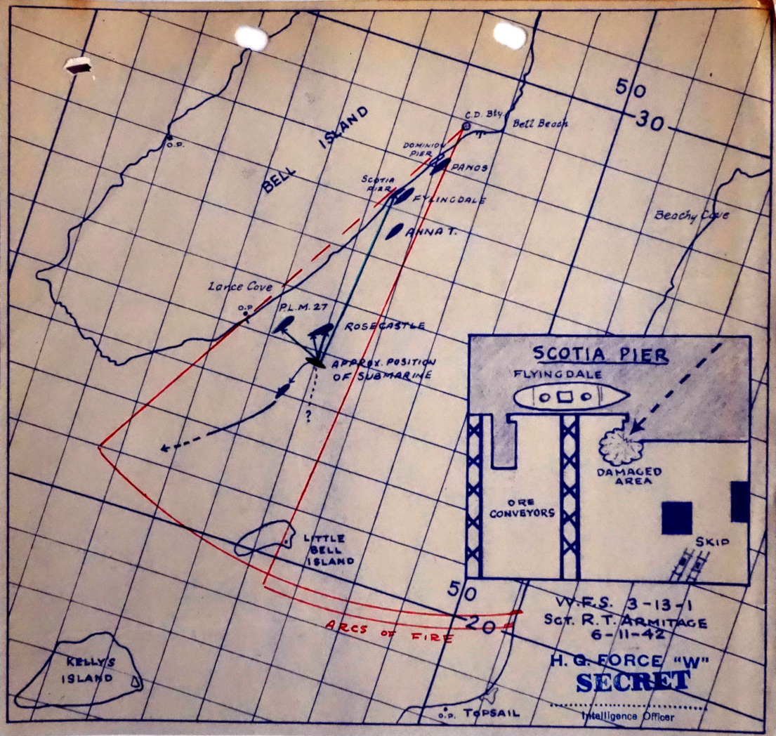 Map of second U-boat attack showing location of 5 ships, a U-boat and coastal guns on Bell Island