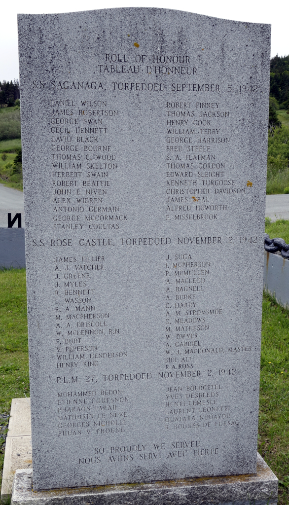 stone monument listing names of dead sailors at Seaman's Memorial, Lance Cove, Bell Island