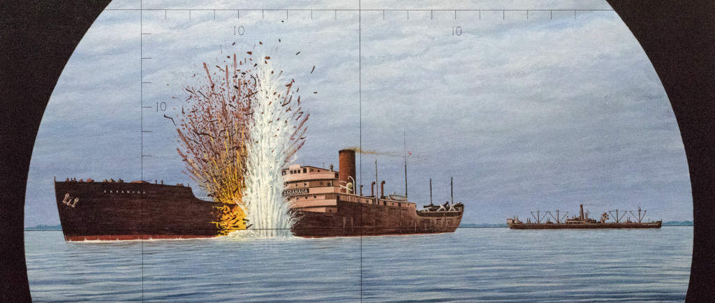 painting of a cargo ship with a torpedo exploding in its side