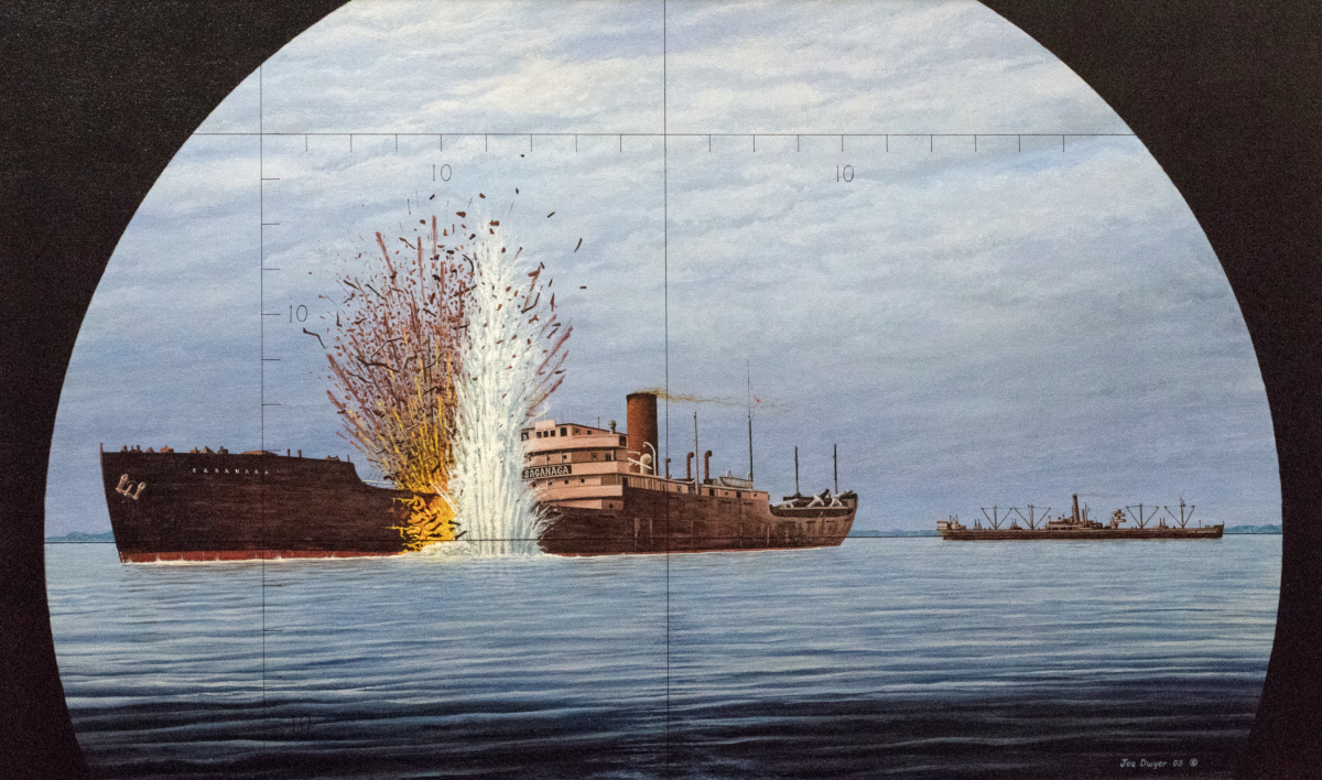 painting of cargo ship with a torpedo exploding in its side