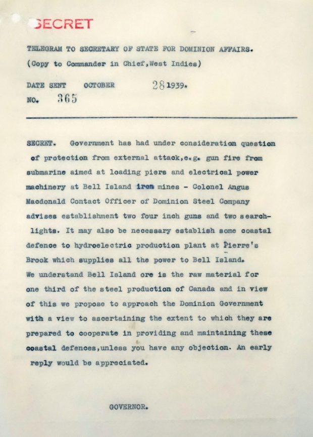 typewritten telegram marked SECRET from Newfoundland Governor on need for coastal defences at Bell Island