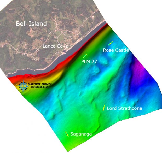 multicoloured sonar image of four shipwrecks and seafloor beside Bell Island