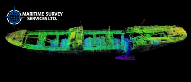 multicoloured sonar image of cargo shipwreck with torpedo damage