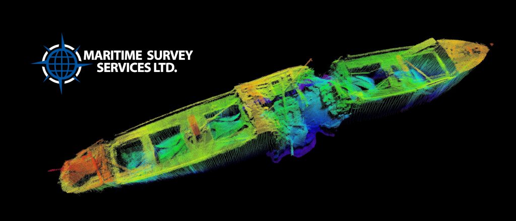 multicoloured sonar image of cargo shipwreck with torpedo damage