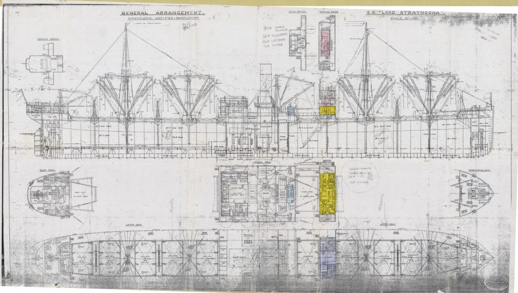 Shipyard plans of a cargo ship showing deck plans and side view of ship