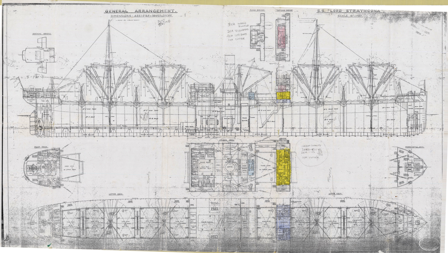 Shipyard plans of a cargo ship showing deck plans and side view of ship