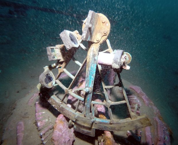 a brass ship's sextant on the Rose Castle shipwreck