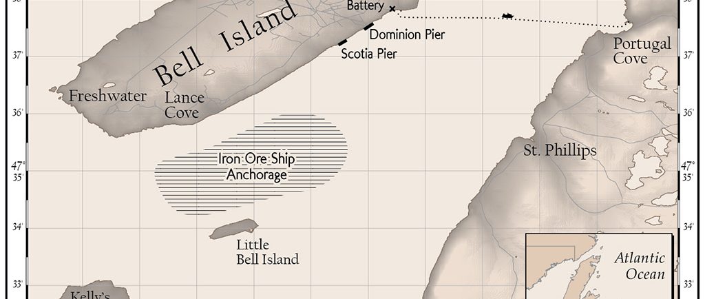 sepia map of Bell Island and Conception Bay, Newfoundland