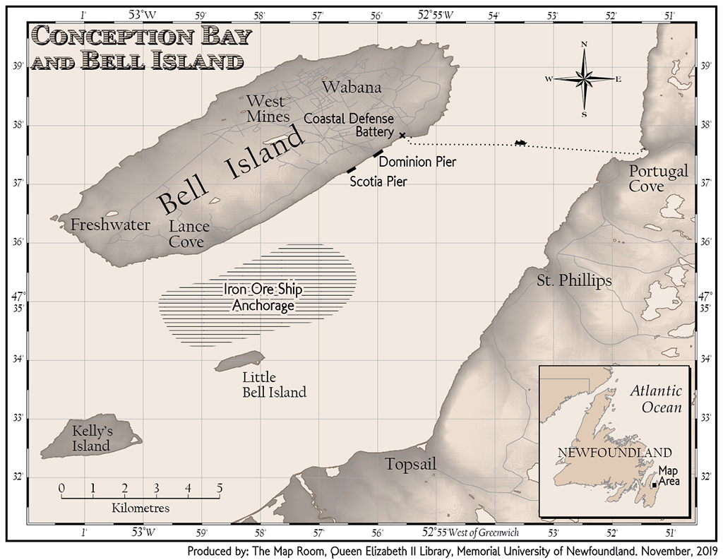 sepia map of Bell Island and Conception Bay, Newfoundland