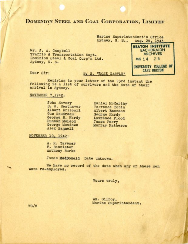 Letter listing survivors of the sinking of SS Rose Castle in 1942