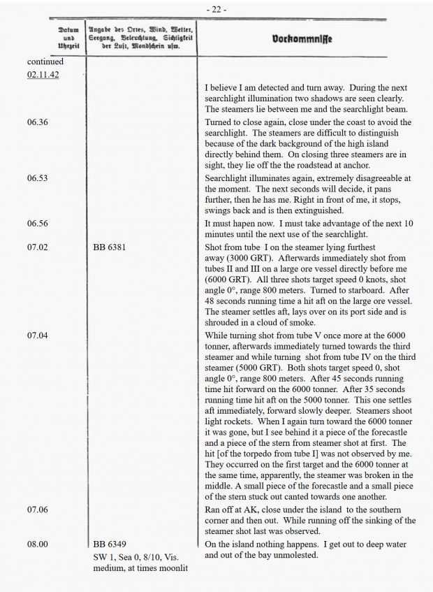 image of U-boat logbook (English translation) for November 2, 1942 attacks