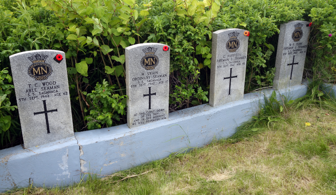 Four gravestones of Merchant Navy sailors who died on September 5, 1942