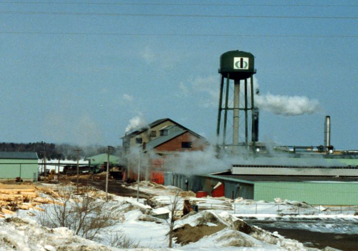 A brick saw mill building is surrounded by heaps of sawdust with a water tower and refuse burner in winter.