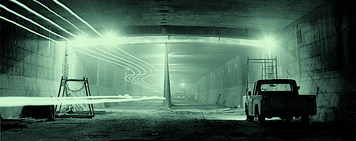 A truck parked inside a tunnel