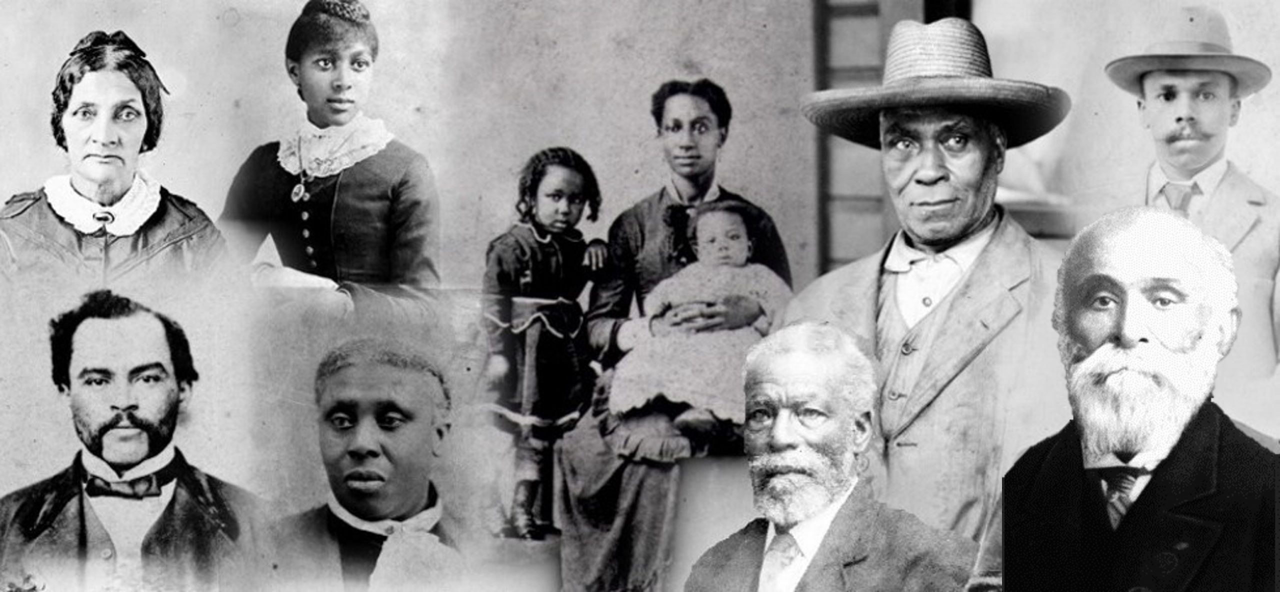 Collage of faces of the Black men, women and children of varying ages who came to BC in 1858