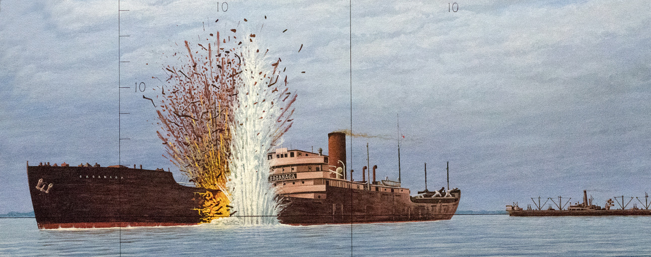 Painting of a cargo ship with a torpedo exploding in its side