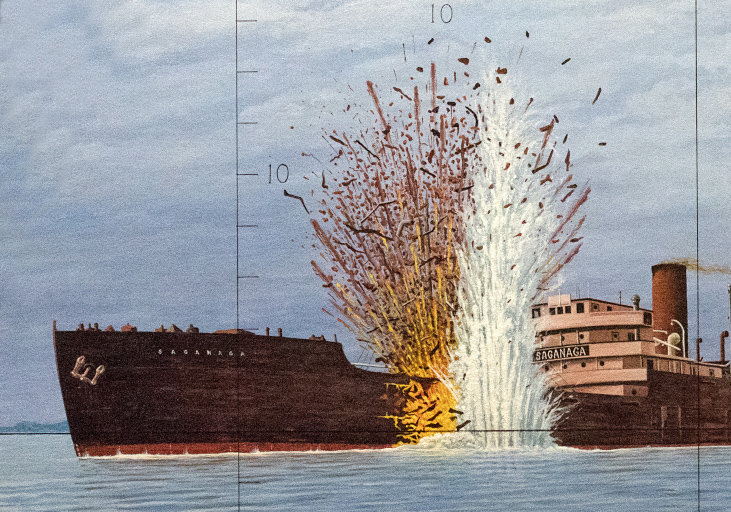 Painting of a cargo ship with a torpedo exploding in its side