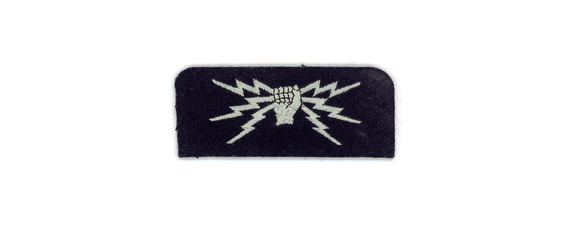 A dark blue felt patch with embroidered white fist holding 3 lightning bolts