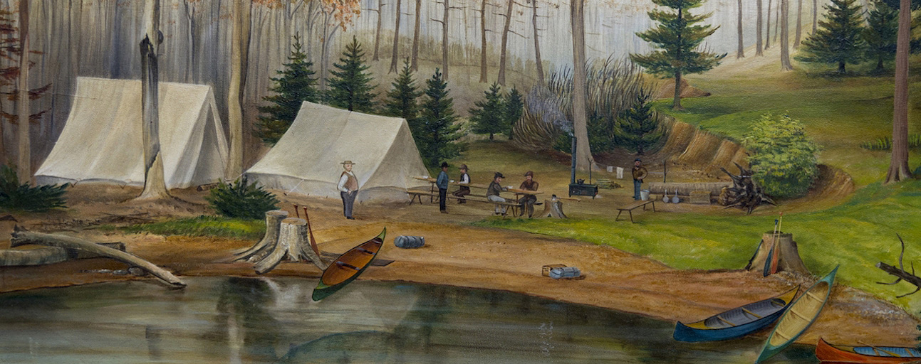 Painting of men gathered at a campsite with canoes in foreground and several tall trees in background