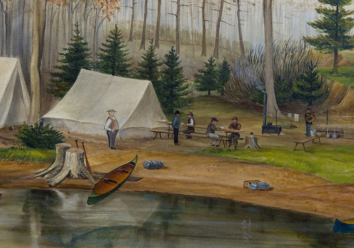 Painting of men gathered at a campsite with canoes in foreground and several tall trees in background