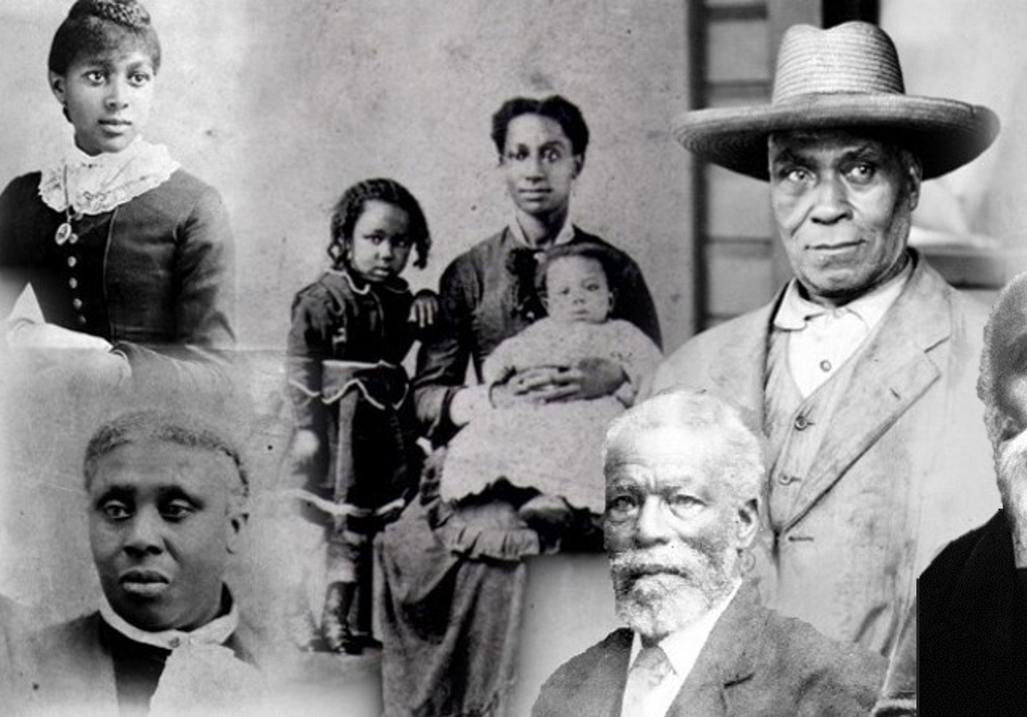 Collage of faces of the Black men, women and children of varying ages who came to BC in 1858